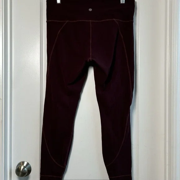 Athleta Burgundy Contrast Stitch High Rise Crop Leggings Sporty Athleisure Style - Picture 2 of 2